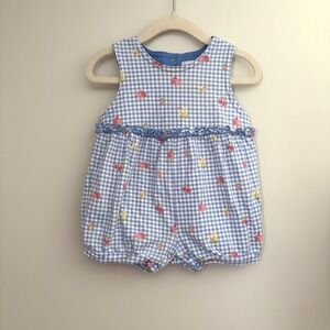 Vintage Gymboree Infant Bubble Romper 6-12 Months Blue Gingham Floral Sleeveless